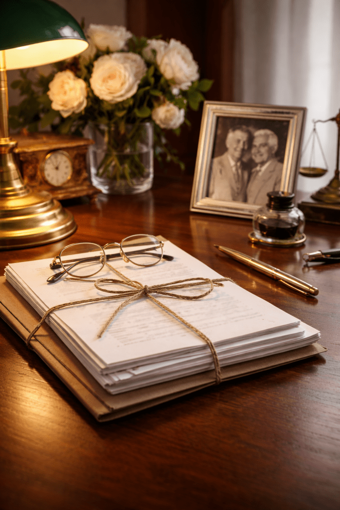 Probate valuation documents on desk Tied bundle of documents with glasses and a pen on a wooden desk in soft natural light.